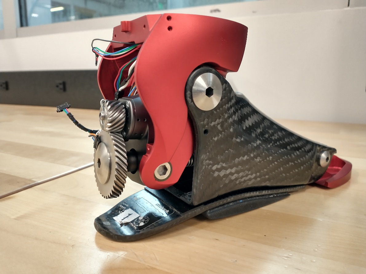 Completed semi-active ankle prosthesis prototype, side view
