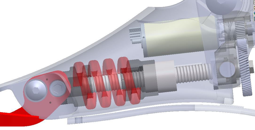 Cutaway CAD render showing the motor, ball screw, and series spring