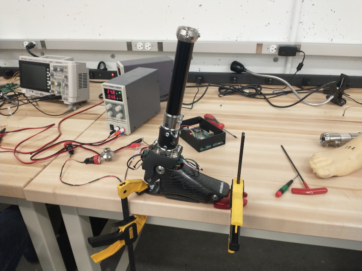 Bench-top test setup with the prosthesis and control electronics